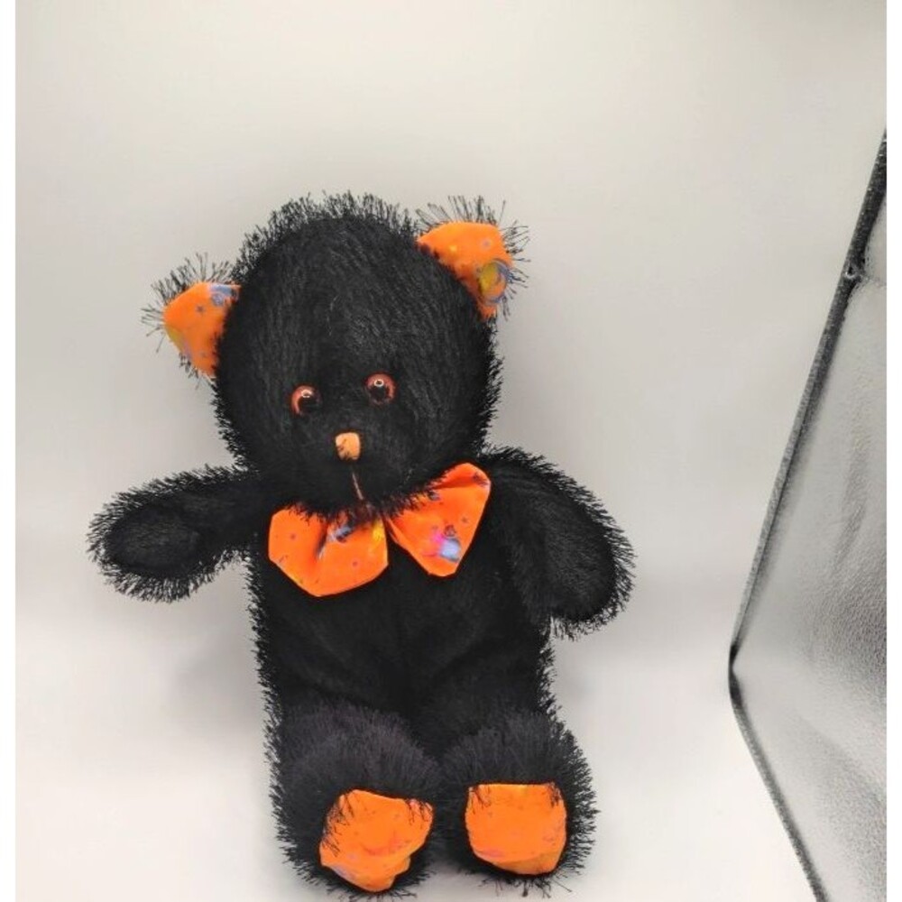 Fiesta Black Halloween Teddy Bear Plush Fuzzy Eyelash Fur Orange Bow 5978 Spooky
